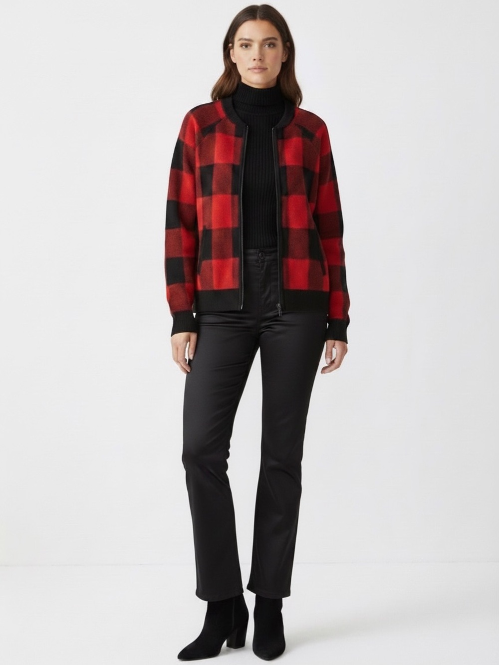 torrid Buffalo Plaid Red Black Bomber Grunge Preppy Full-Zip Sweater Jacket Sz 2